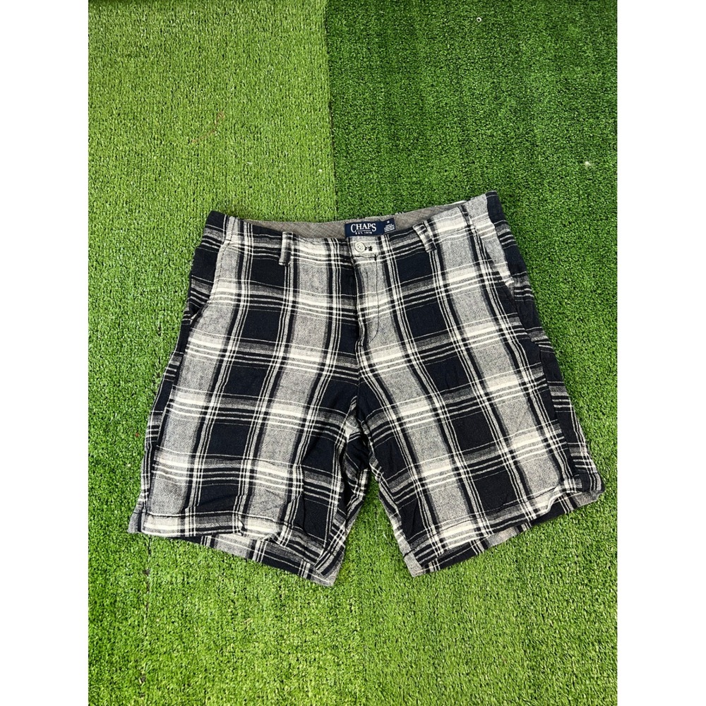 Chaps Mens 32 Linen Blend Plaid‎ Shorts Navy Blue White Flat Front Summer Casual